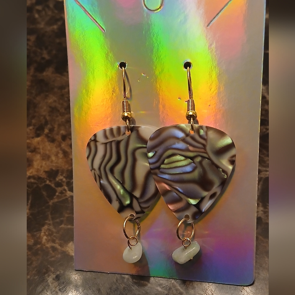 Abalone Pattern Heart Drop Earrings with Gold Hooks - Iridescent Green & Brown